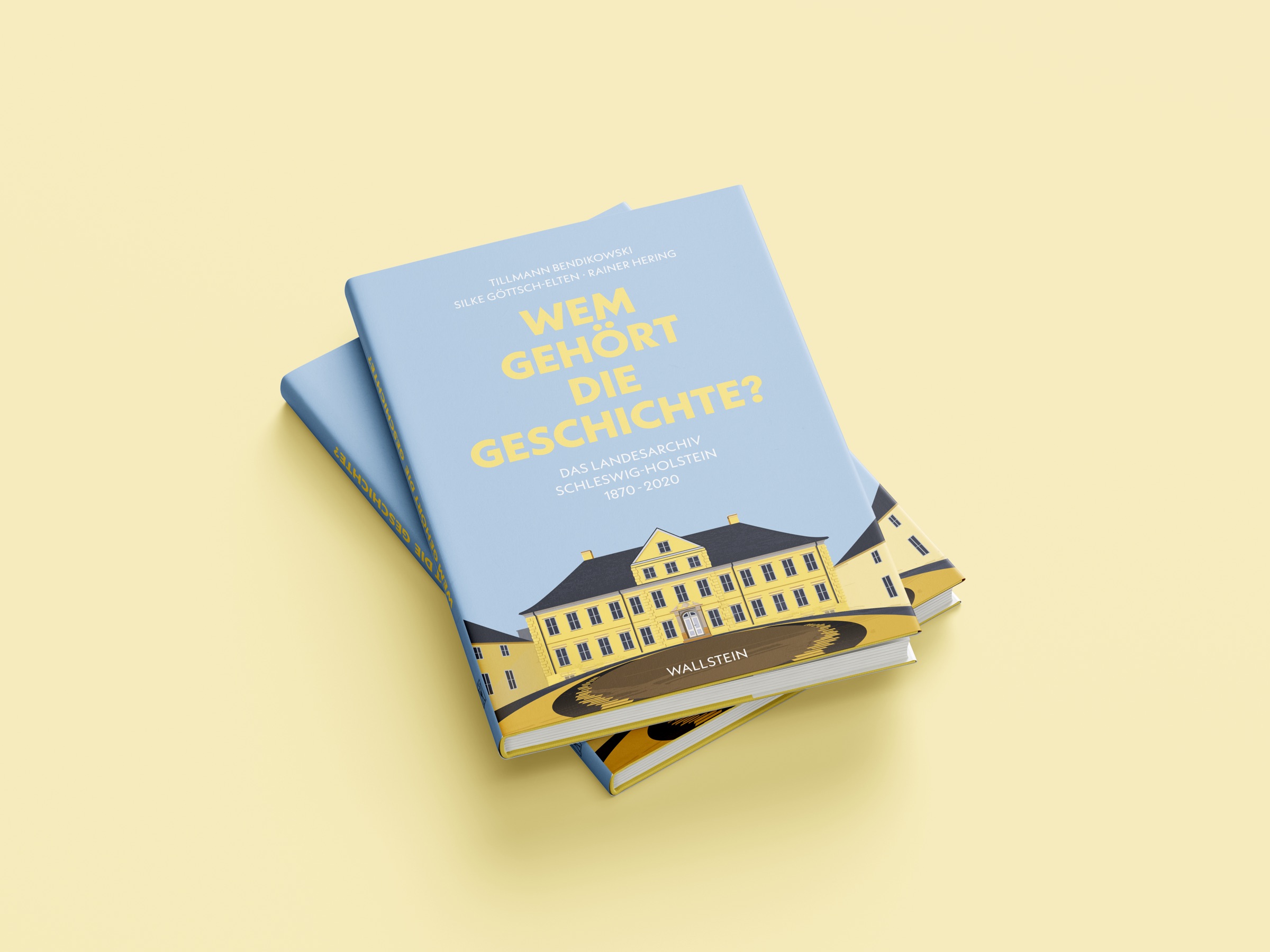 Hellblauer Bucheinband mit gelbem Prinzenpalais und gelber Schrift